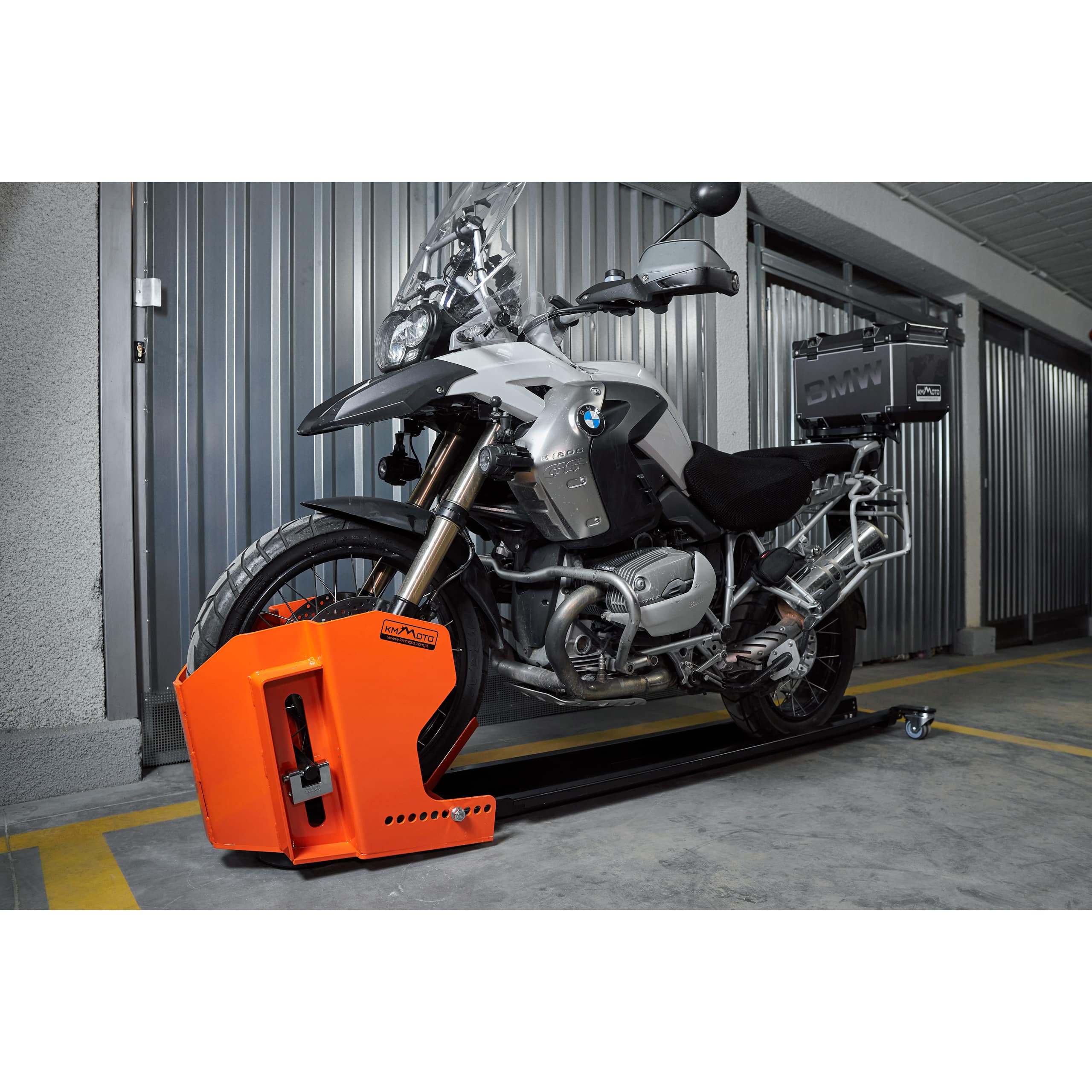 KMMoto Abstellschiene Rotary mit Vorderradwippe und Schloss - Motorradzubehör - Aufbockvorrichtungen